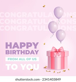 Birthday card in purple, pink and mint colors with 3d pink present with bow, purple air baloons and golden confetti. Happy birthday card with greeting text.