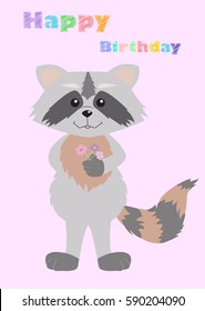 Birthday card. Raccoon with flowers.