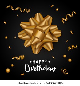 Birthday card with realistic gold bow. Top view. Vector illustration.