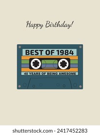 Birthday card with Retro Cassette, multicolor,  and handwritten phrase. Birthday party, celebration, holiday, event, festive, congratulations concept. Vector illustration. Postcard, card, cover.