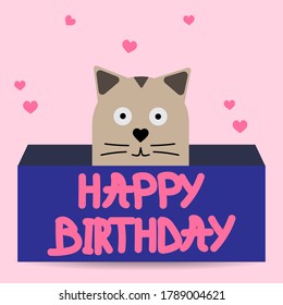 Birthday card in retro style with hearts in a blue box from which a kitten climbs out on a pink background. Banner, icon for celebration. Vector image
