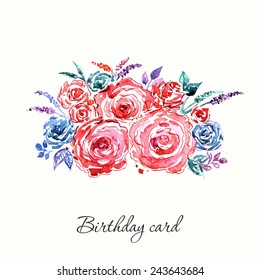 Birthday card with roses bouquet. Floral vintage background. Watercolor floral invitation. 
