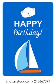 birthday card with sailing boat and sailor hat on blue background