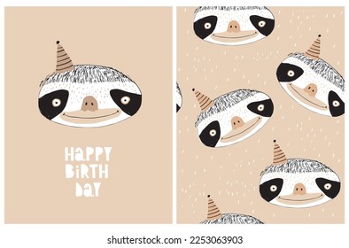 Birthday Card and Seamless Vector Pattern with Cute Smiling Sloth on a Beige Background. Funny Hand Drawn Nursery Art with Lovely Sloth. Birthday Printable Set ideal for Girl and Boy's Party.