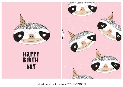 Birthday Card and Seamless Vector Pattern with Cute Smiling Sloth on a Pastel Pink Background. Funny Hand Drawn Nursery Art with Lovely Sloth. Birthday Printable Set ideal for Girl's Party. 