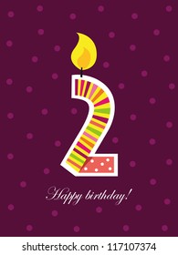 Birthday card, second birthday with candle, number tow