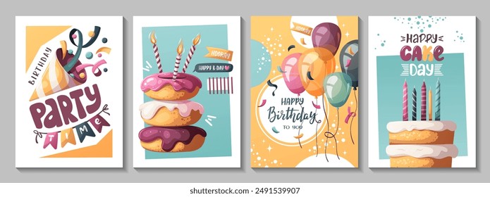 Birthday card set with cake, balloons, birthday donuts, party hat. Handwritten lettering. Birthday party, celebration, congratulations, invitation concept. Vector illustration. Postcard, card, cover.