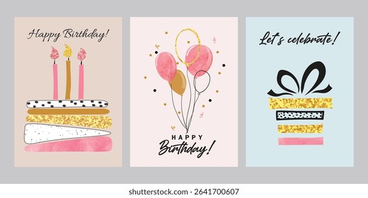 Birthday Card Set: Cake, Balloons, and Gift Vector Illustration.