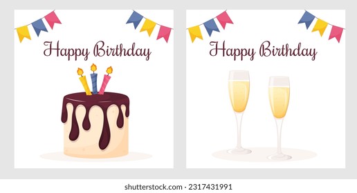 Birthday card set with cake and two champagne glasses.