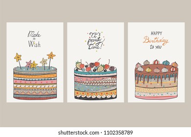 Birthday card set with cakes, vector hand drawn illustration.