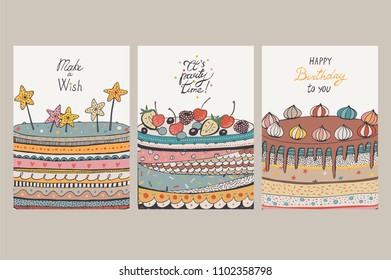 Birthday card set with cakes, vector hand drawn illustration.
