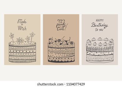 Birthday card set with cakes, vector hand drawn illustration.