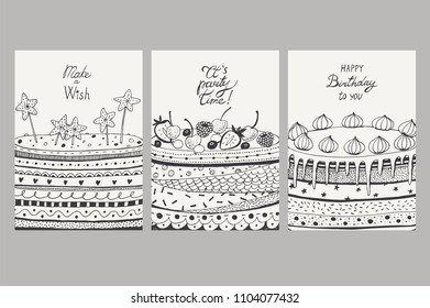 Birthday card set with cakes, vector hand drawn illustration.