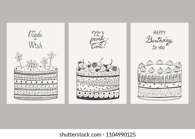 Birthday card set with cakes, vector hand drawn illustration.