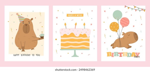 Birthday card set with capybara, cake and balloons