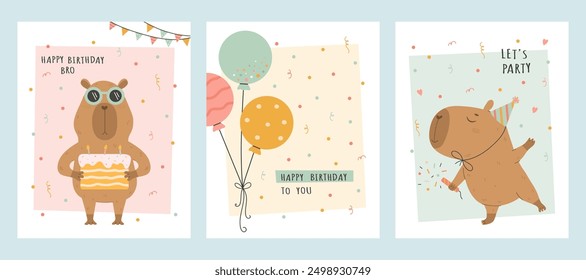 Birthday card set with capybara, cake and balloons