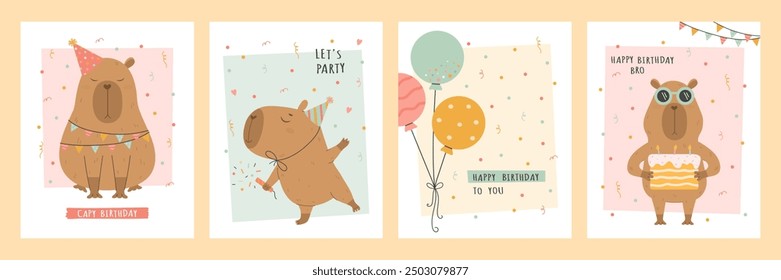 Birthday card set with capybara, cake and balloons