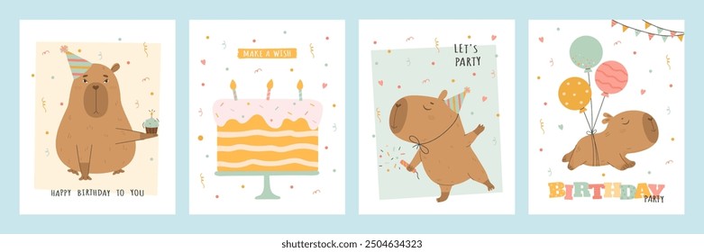 Tarjeta de cumpleaños con capibara, pastel y globos