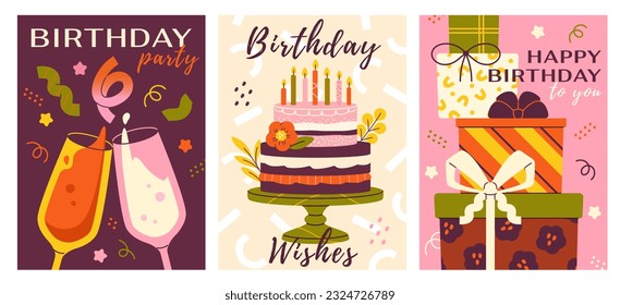 Birthday card set. Congratulatory posters with cake and candles, gifts and confetti, champagne and glasses. Holiday invitations for birthday party. Cartoon flat vector isolated on white background