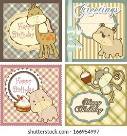 Birthday card set with cute baby animals in retro style