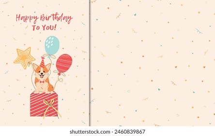 Birthday card set with a cute Corgi sitting on balloon gifts and a seamless festive pattern. Vector