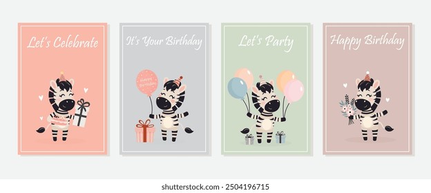 Birthday card set with cute zebra minimalistic flat style in pastel colours