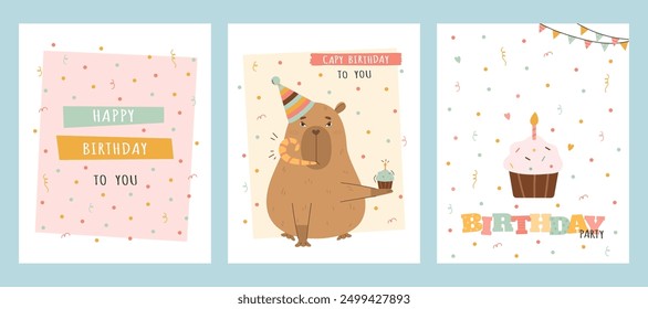 Birthday card set with funny capybara and cake