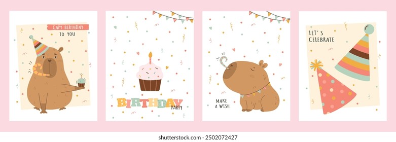 Tarjeta de cumpleaños con divertido capibara y pastel