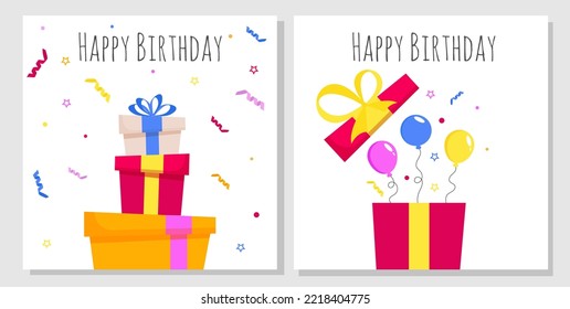 Juego de cartas de cumpleaños con caja de regalo, bizcocho y torta y globos.
