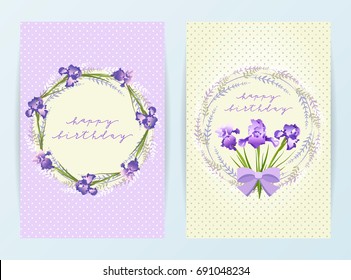 Birthday card set with irises. Vector illustration isolated on background with dots.	