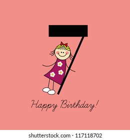 Birthday card, seventh birthday, number seven, girl