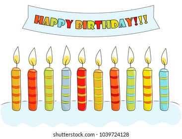 Birthday card. Sketch postcard Birthday with cake, candles and ribbon. Vector illustration.