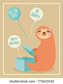 Birthday card with sloth opening his present. 