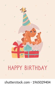 Birthday card. A small dinosaur hatched from an egg. Dino smiles, celebration, fun and gifts. Festive vector card for children