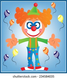 Birthday Card With Smiling Clown, Colorful Balloons, Blue Background