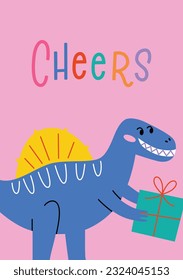 Birthday card with smiling tyrannosaurus, dinosaur giving present composition, template with cheers hand written lettering, vector arrangement with t-rex in party hat, postcard for baby shower