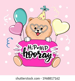 Birthday card with a spitz dog on a raspberry cake with the inscription Hip Hip Hooray. Fashion sticker vector illustration