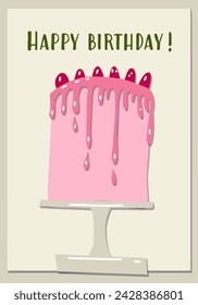Birthday card with strawberry cake. Paper application. Collage art. Vector
