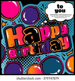 Tarjeta de cumpleaños en un libro de historietas de estilo, burbuja del habla y globos. Vector.