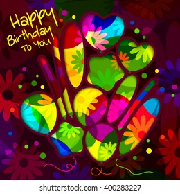 Birthday card in the style of cutouts with balloons on colorful flowers background. Vector.