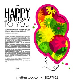 Birthday card in the style of cutouts with balloons on colorful flowers background. Vector.