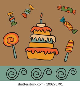Birthday card with sweet candy and cake. Vector.