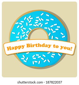 birthday card, a sweet donut with blue chocolate icing and white confetti isolated on light background