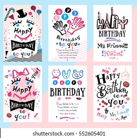 Birthday card, symbols and illustrations. Children's Holiday cards to print.