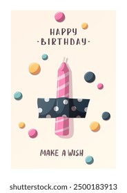 Birthday card with taped pink candle. Handwritten lettering. Birthday party, celebration, congratulations concept. Vector illustration. Postcard, card, cover.