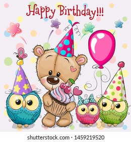 Birthday card with Teddy Bear and owls with balloon and bonnets