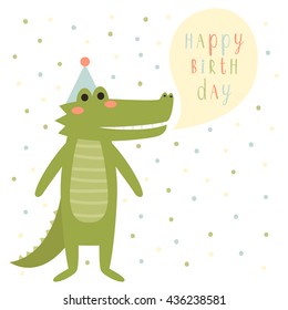 birthday card template with cute cartoon alligator and happy birthday text message on with background with dots.