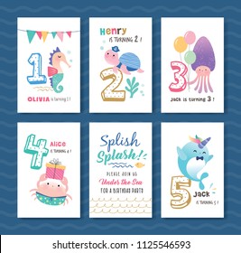 Birthday card template with cute little marine life cartoon character and birthday anniversary numbers