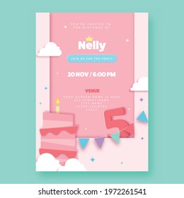 Birthday Card Template Design With Delicious Cake And Venus Details On Pink Background.
