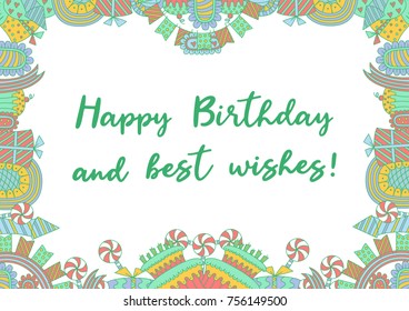 Birthday card template in doodle style. Birthday sweets, boxes of gifts, garlands and balloons, firework, candles on birthday pie. 